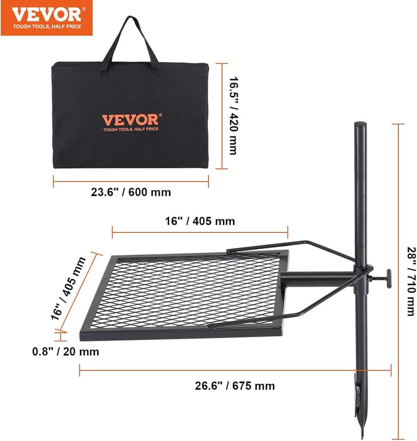 VEVOR Swivel Campfire Grill, Fire Pit Grill Grate over Fire Pits, Heavy Duty Steel Grill Grates, 360° Adjustable Open Fire Outdoor Cooking Equipment, Portable Camp Fire Racks for Camping Outdoor BBQ