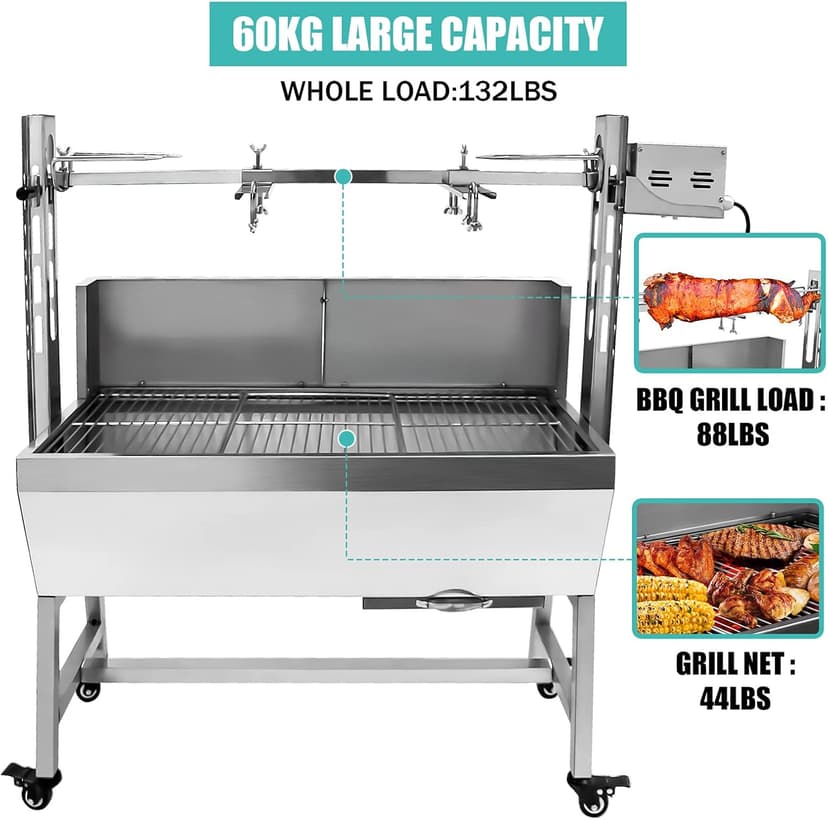 Stainless Steel Rotisserie Grill with Back Cover Guard, 25W Motor Small Pig Lamb Roaster, 37'' 2 in 1 BBQ Charcoal Rotisserie Grill for Camping Outdoor Kitchen