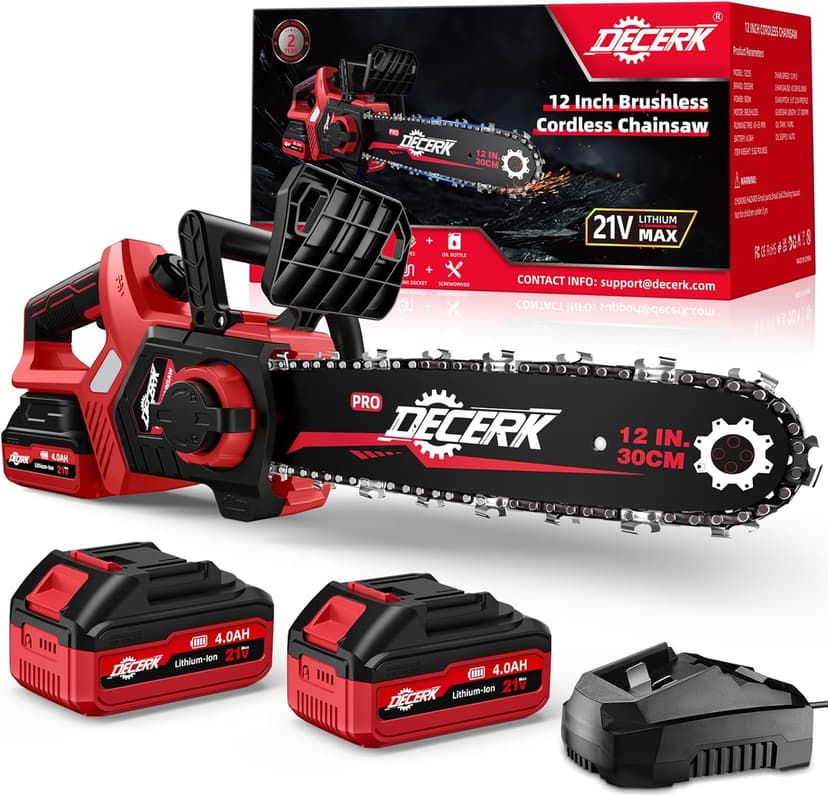 Chainsaw Cordless, 12 Inch Electric Chain Saw with 21V Battery Powered, Handheld Brushless Chainsaws with Tool-free Chain Tension & Auto Lubrication for Tree, Wood Cutting, Courtyard, Household