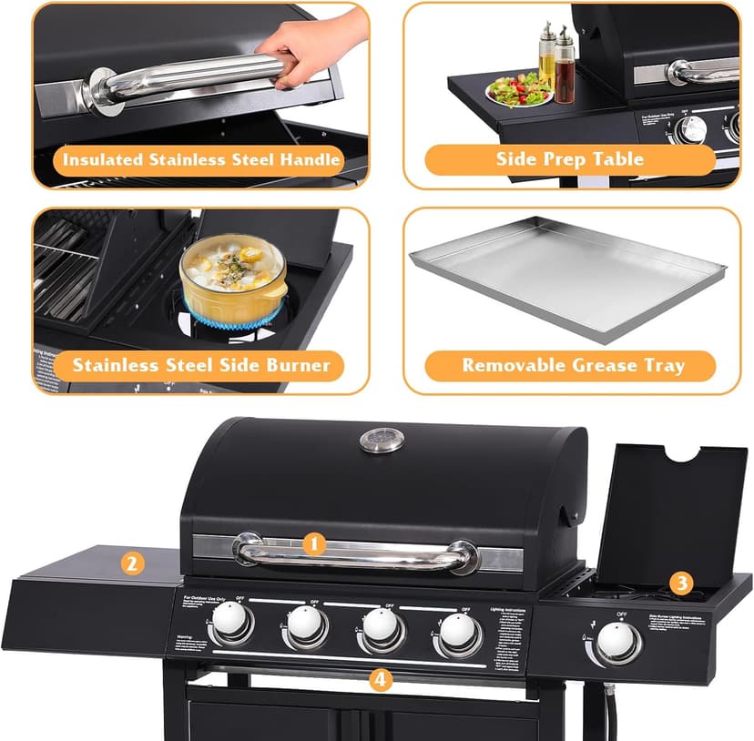 4-Burners Propane Gas Grill with Side Burner, 50,000 BTU Outdoor BBQ Grill, Cast Iron Cooking Grate with Wheels for Outdoor Patio Garden