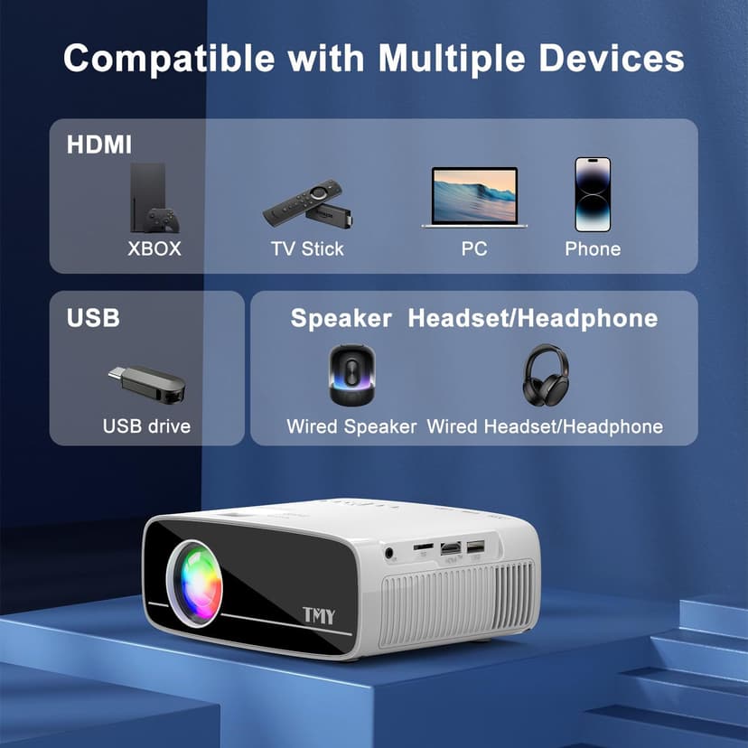 TMY Projector with WiFi and Bluetooth, Native 1080P Mini Projector, Portable Projector wirh 50% Zoom, Compatible with TV Stick/Phone/PC/DVD/HDMI/USB/TF, Movie Projector for Home Bedroom