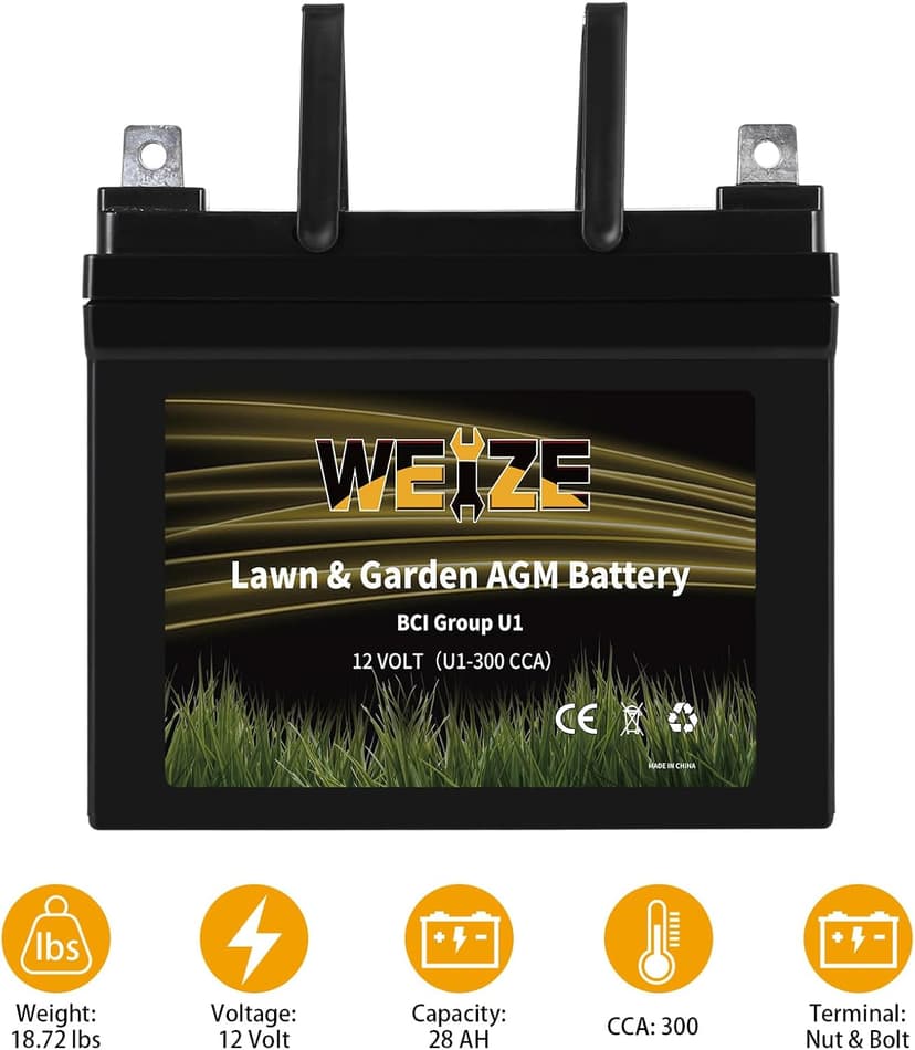 WEIZE Lawn Garden AGM Battery, 12V 300CCA BCI Group U1 SLA Starting Battery for Lawn, Tractors and Mowers, Compatible with John Deere, Toro, Cub Cadet, and Craftsman