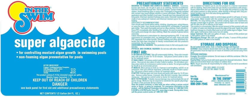 In The Swim Super Algaecide for Above Ground or Inground Swimming Pools – Low Odor, Non-Foaming Preventative for Yellow/Mustard Algae in Swimming Pools - 7.1% Chelated Copper – 1 Quart