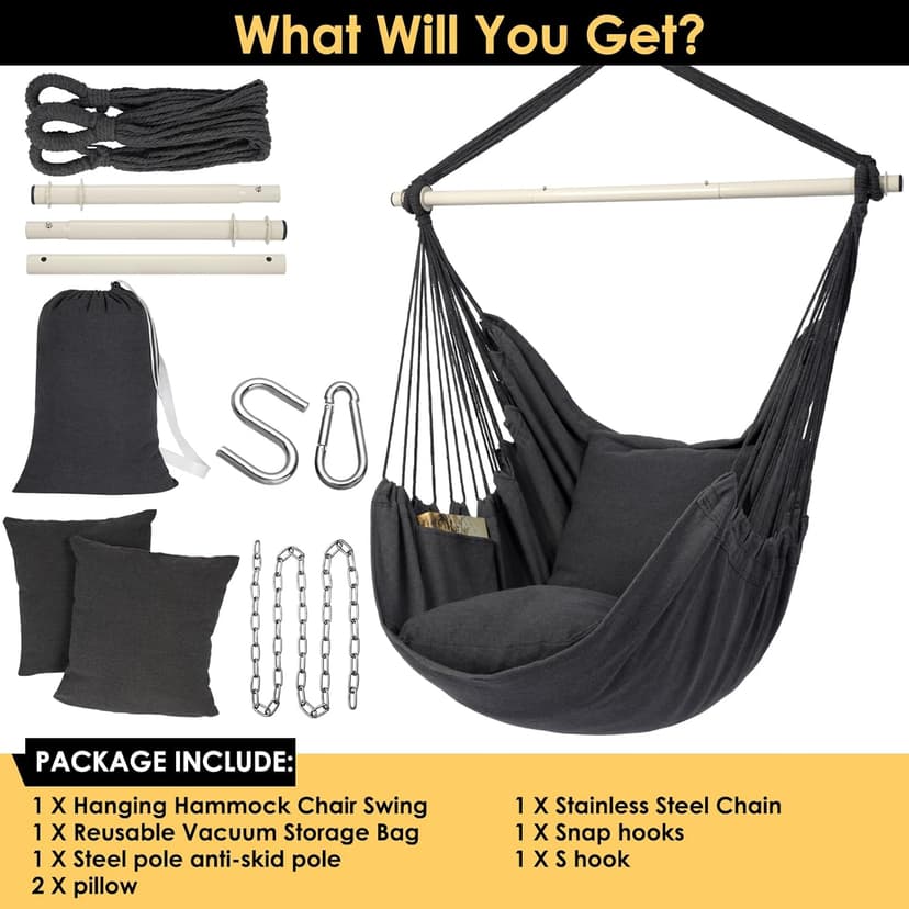 Y- Stop Hammock Chair Hanging Rope Swing Chair, Max 500 Lbs, 2 Seat Cushions Included, Removable Steel Spreader Bar with Anti-Slip Rings, Hardware kit-for Indoor or Outdoor(Dark Grey)