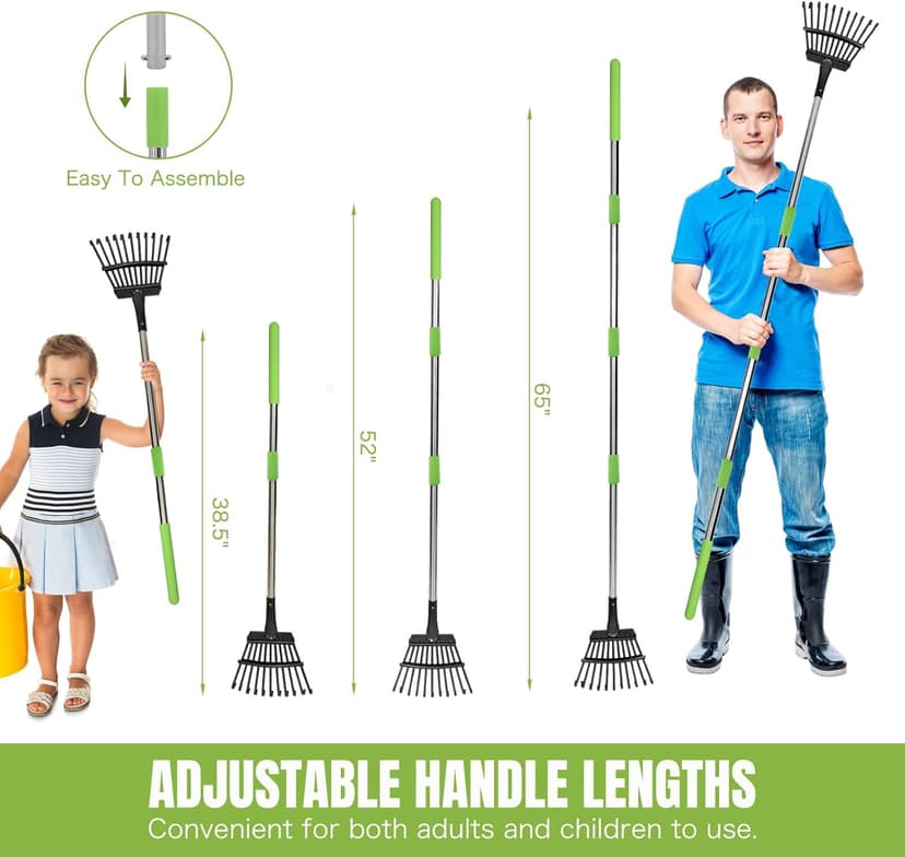Joyhalo Small Leaf Rake, 8.5 Inch Wide Head with 11 Tines, Metal Garden Rake with Adjustable Handle 38.5 to 65 Inch for Gardening, Leaves, Weeds, Debris