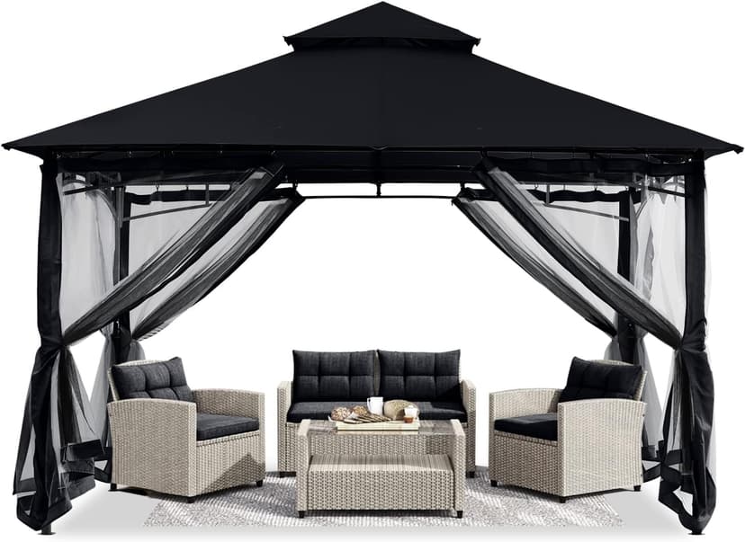 ABCCANOPY Gazebos for Patios 10x10 - Outdoor Steel Frame Gazebo with Mosquito Netting for Lawn Backyard Garden Deck (Black)