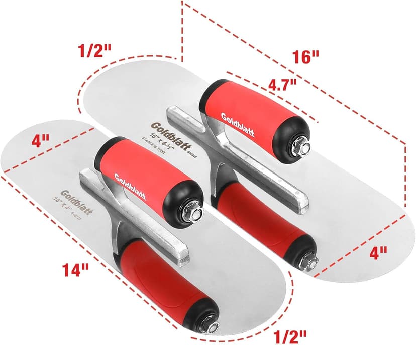 Goldblatt 2 Pieces Pool Trowel Stainless Steel with Soft Grip Handle, Includes 16'' x 4-1/2'' & 14'' x 4'' Finishing Trowels Set, Lightweight Alloy Mounting, Round End