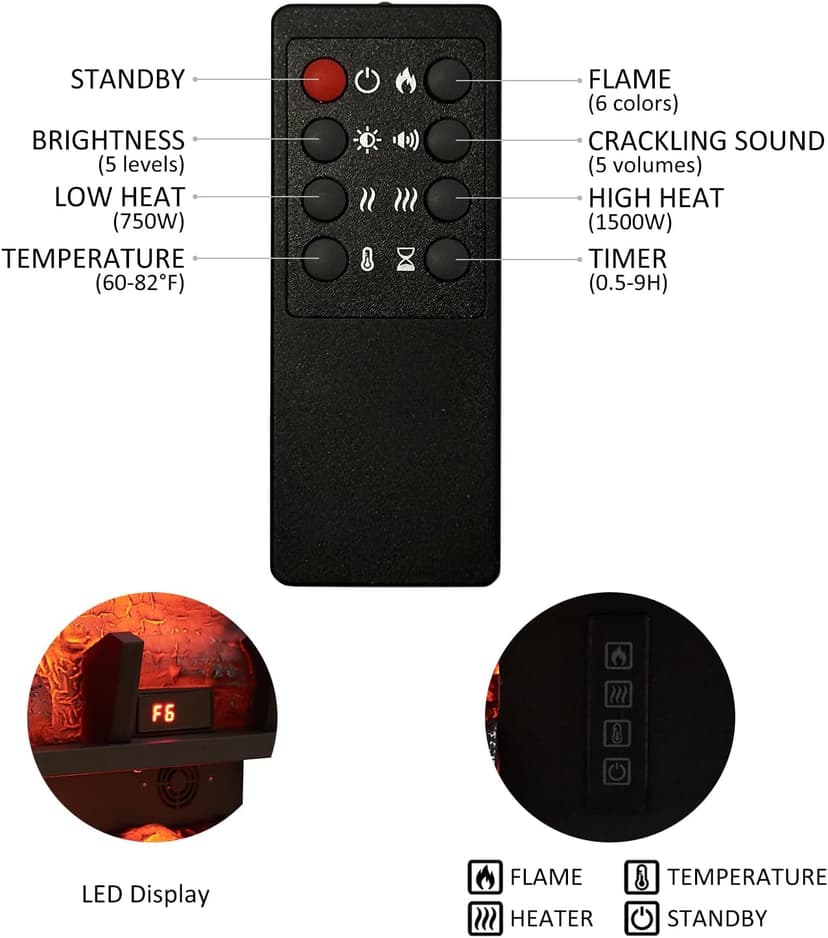 PuraFlame 24" Free Standing Electric Fireplace Log Set Insert, 750W/1500W Heater, 6 Flame Colors with 5 Brightness, Crackling Sound, Remote Control