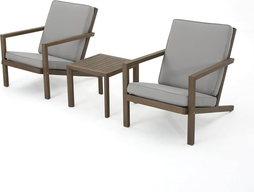 Christopher Knight Home Leah Outdoor Acacia Wood Chat Set with Water Resistant Cushions, 3-Pcs Set, Grey Finish / Grey
