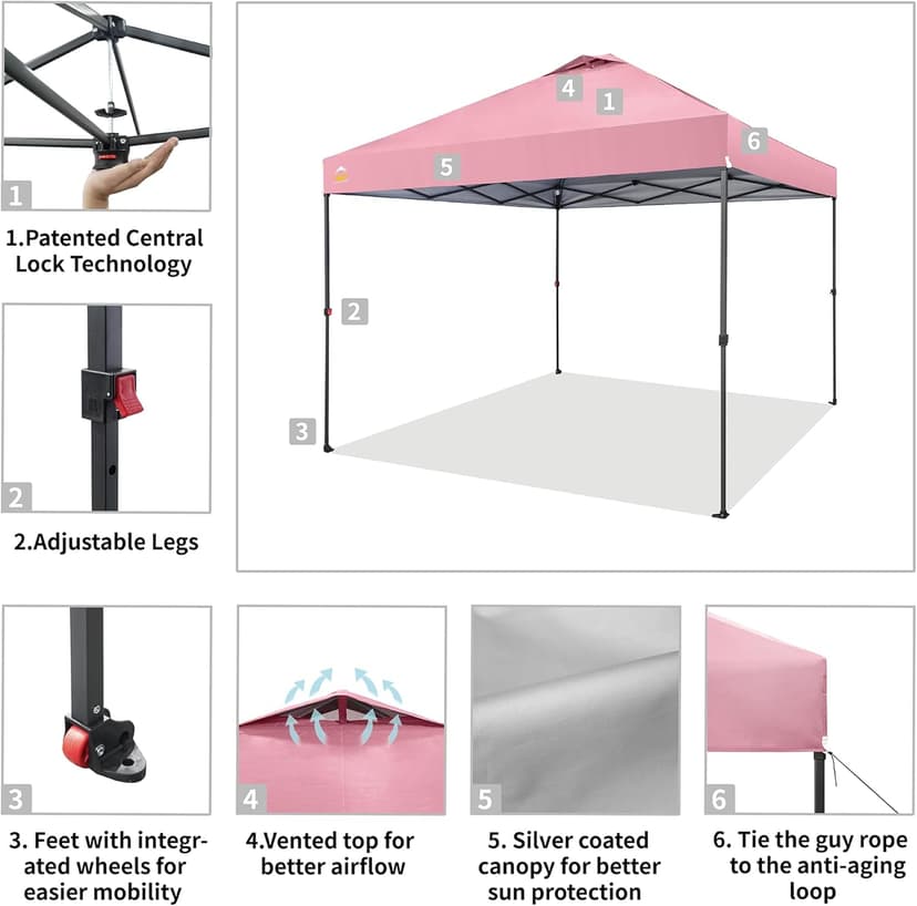 CROWN SHADES 10x10 Pop Up Canopy, Patented Center Lock One Push Instant Popup Outdoor Canopy Tent, Newly Designed Storage Bag, 8 Stakes, 4 Ropes