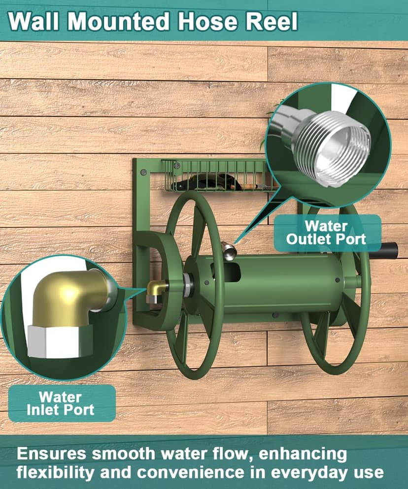 Garden Wall Mounted Hose Reel, Outdoor Heavy-Duty Water Hose Holder Winder, Holds 125 Feet of 5/8-Inch Hose, with 3.9 ft Leader Hose, Brass Fitting and Storage Basket for Yard, Green