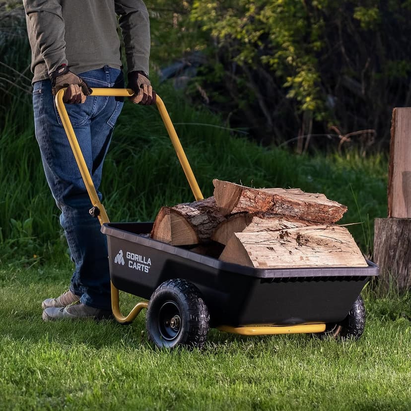 Gorilla Carts GCR-4 Poly Dump Cart, 2-Wheel Garden Wagon with Foldable Handle, 4 cu ft, 300 lb. Capacity, Black/Yellow