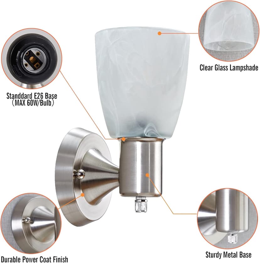 Wall Sconces Set of 2, Brushed Nickel Vanity Lights for Bathroom, Modern Wall Light Fixtures with Rotary Switch, Wall Mount Light with Frosted Glass, Farmhouse Wall Lamp for Bedroom Living Room