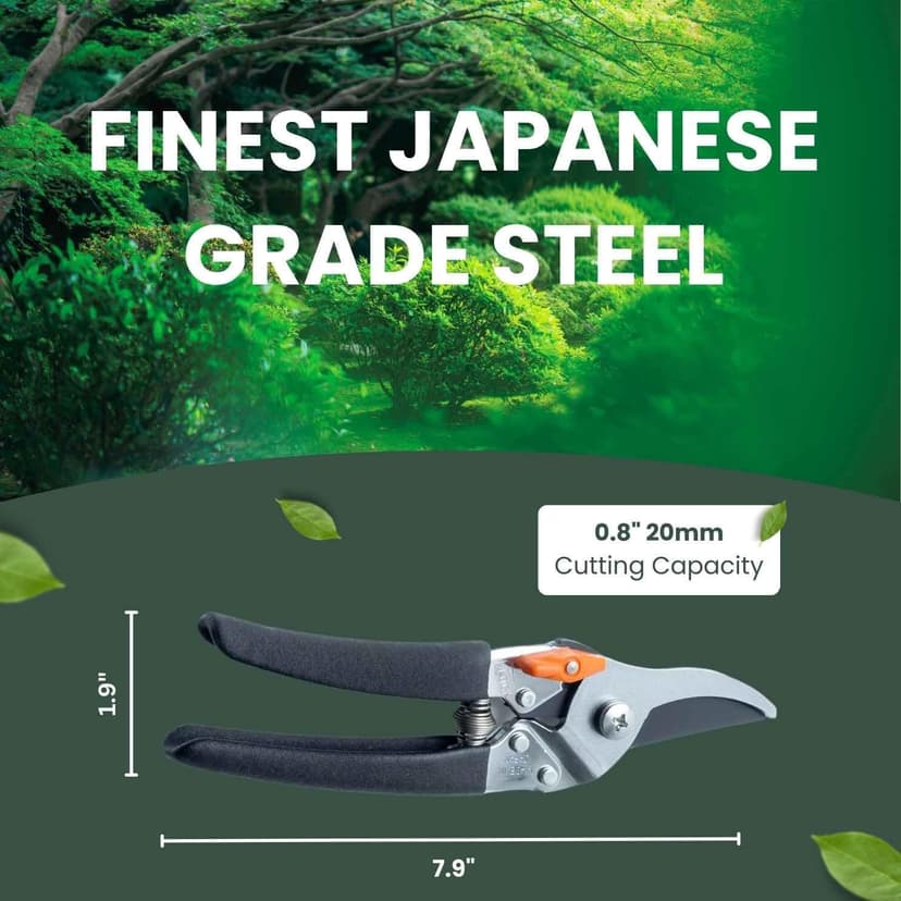 Saboten 7.9" Japanese Pruning Shears - Premium Steel Blades, Rust-Resistant Fluorine Coating, Ergonomic Grip, Duracon Safety Lock - forest Originals, Made in Japan, Gardening & Farming Scissors