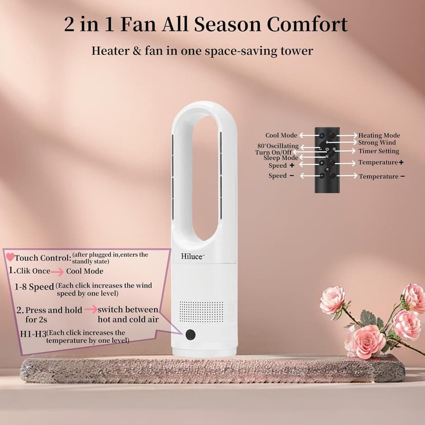 Oscillating All Season Bladeless Fan, 1400W Space Heater & 40W Cooler Fan Combo with Remote,Installation Free Quiet Fan,Tip-Over Switch80°Oscillating, 8 Speeds, 9H Timer,22 inch