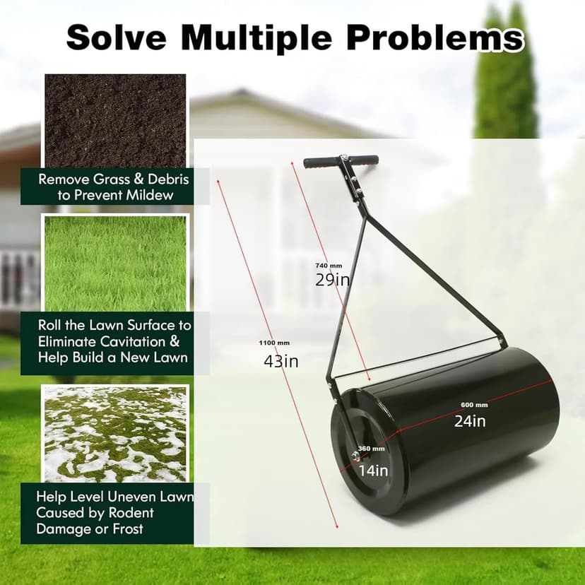 Lawn Roller,Combination Push/Tow Poly Lawn Roller with Easy Turn Tethered Plug,Durable Iron Garden Lawn Roller, 14 by 24", for Lawn and Garden Tractors (60L/16 Gallon)