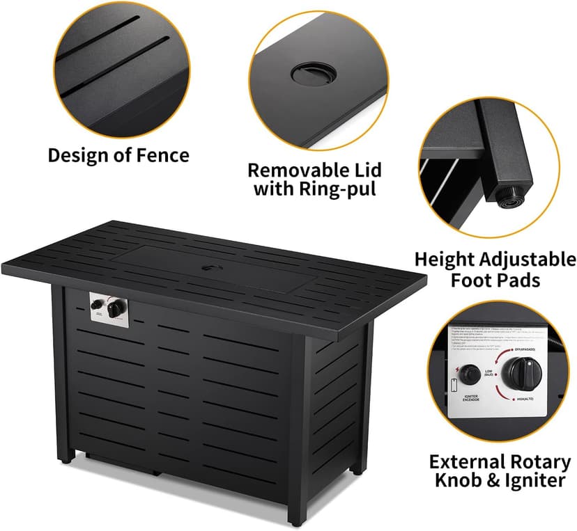 Xbeauty Fire Pit Propane Gas FirePit Table 43" Outdoor Fire Pit Rectangular Tabletop with Lid, Rain Cover, for Outside Garden Backyard Deck Patio
