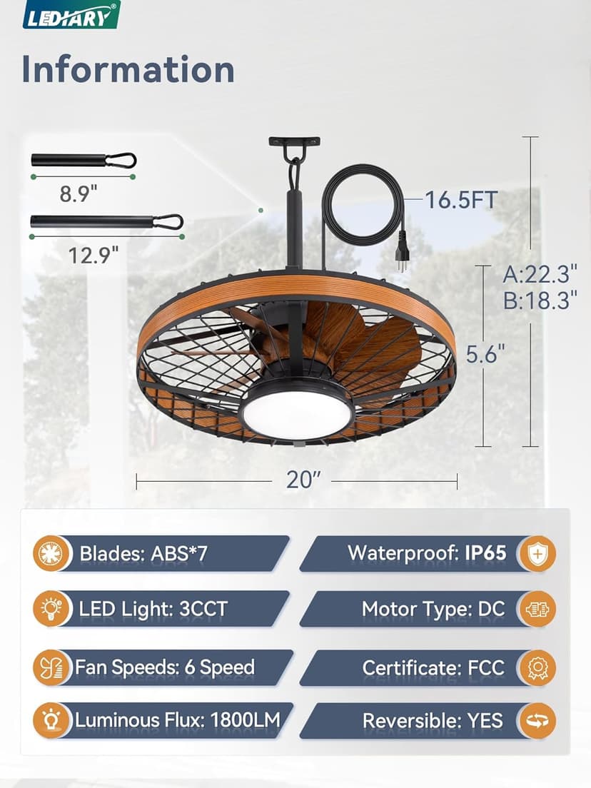 LEDIARY Outdoor Ceiling Fans with Lights, IP65 Waterproof Gazebo Fan with Hanging Hook,6 Speeds, 3CCT, 20 Inch Wet Rated Plug in Ceiling Fan for Patios,Porch, Pergola,Canopy