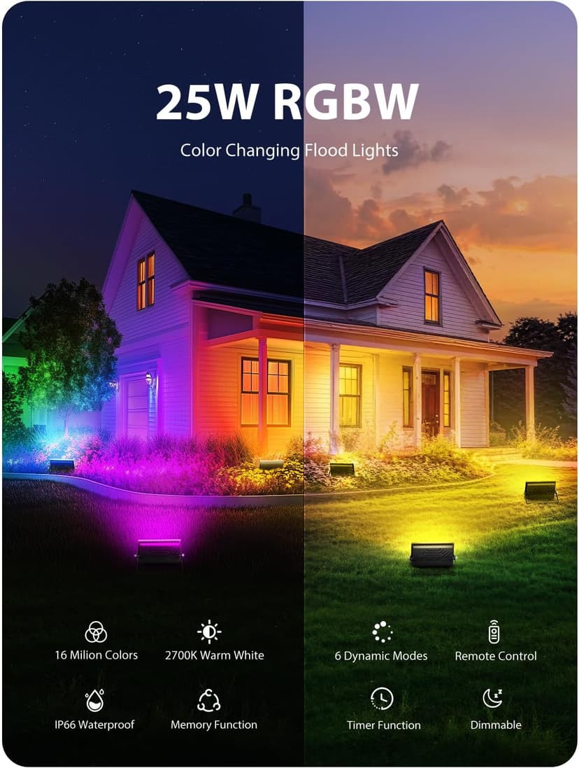 Onforu LED Flood Light Outdoor 250W Equivalent, 25W Color Changing RGBW Floodlight with Remote, 2700K Warm White IP66 Stage Lighting Indoor Uplights for Events, Uplighting for Party 4 Pack