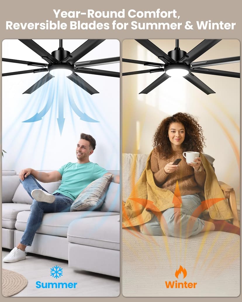 72 Inch Large Industrial Ceiling Fan with Light and Remote-8 Aluminium Blades Ceiling Fan with Energy Efficient DC Motor,Reversible Airflow-Ideal for Living Room,Patio,Garage,and Commercial Spaces