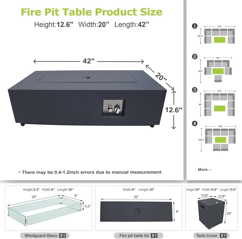 42" Rectangular Propane Fire Pit table 50,000 BTU Fireplace Table with Wind Guard, Lid, Rocks and Cover - Fire Pits & Outdoor Fireplaces - Gas Fire Pits for Outside Patio (Black, 42" Standard)