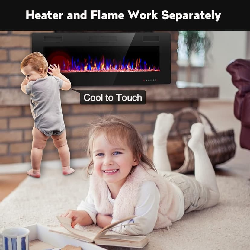 R.W.FLAME 60" Recessed and Wall Mounted Electric Fireplace, Low Noise, Fit for 2 x 6 Stud, Remote Control with Timer, Touch Screen, Adjustable Flame Color and Speed, 750-1500W