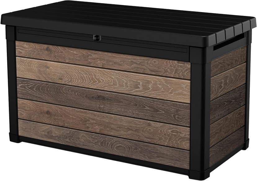 Keter Signature Collection 100 Gallon Resin Deck Box Organization and Storage Box for Patio Outdoor Cushions, Throw Pillows, Garden Tools and Pool Supplies, Walnut