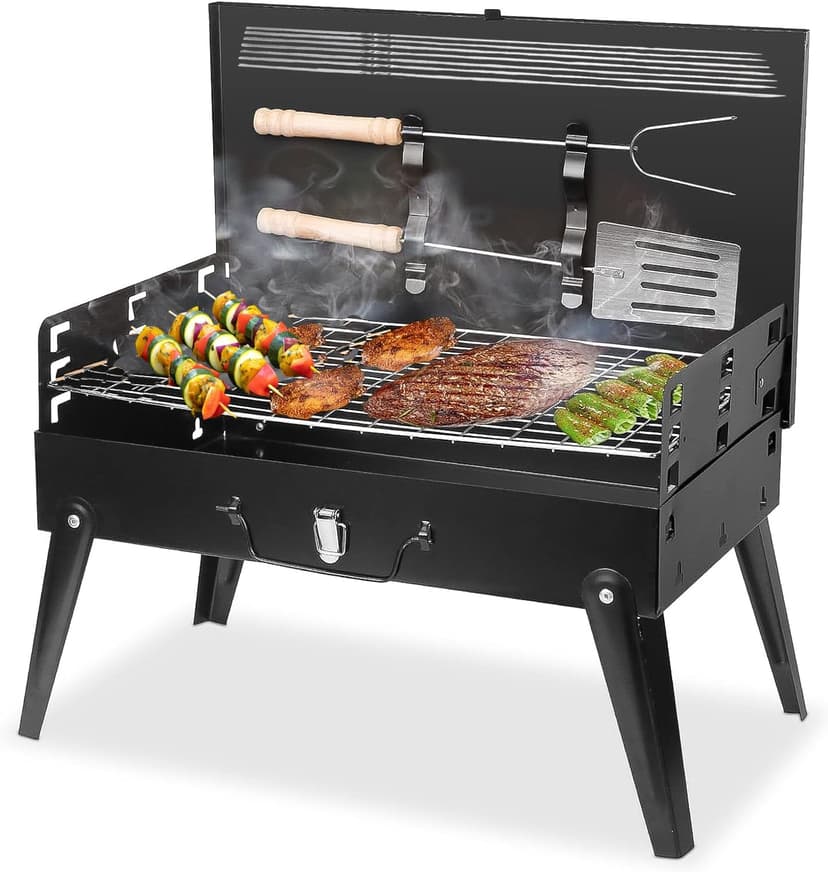 Portable Charcoal Grill Kit - 17.3" Folding BBQ Grill, Adjustable Heights,5 Skewers, 1 Spatula, 1 Fork, Mini Tabletop Grill, Small Grill Outdoor for Camping, Grilling Backyard, RV, Tailgating, Picnic