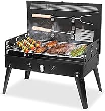 Portable Charcoal Grill Kit - 17.3" Folding BBQ Grill, Adjustable Heights,5 Skewers, 1 Spatula, 1 Fork, Mini Tabletop Grill, Small Grill Outdoor for Camping, Grilling Backyard, RV, Tailgating, Picnic