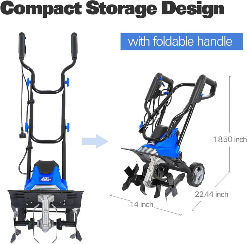 BILT HARD Electric Tiller Cultivator 14 inch, 10 Amp 4 Steel Tines Corded Tiller for Gardening with Foldable Handle, Portable Garden Rototiller with Adjustable Wheels