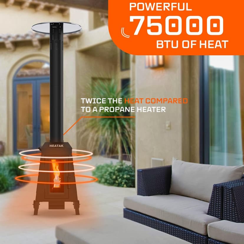 75,000 BTU Outdoor Patio Heater, Wood Pellet Heater With Wheels for Home, Gardens & Commercial Use - Black