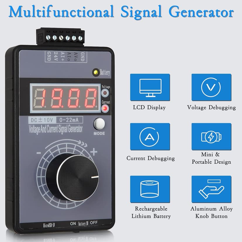 Koolertron 0/4-20mA DC 0-10V Signal Generator,2-IN-1Portable Mini Function Generator Built-in 1000mAh Rechargeable Battery,Analog Generator with 4-Digit LCD Display,Accuracy 0.01,for PLC/Panel Testing