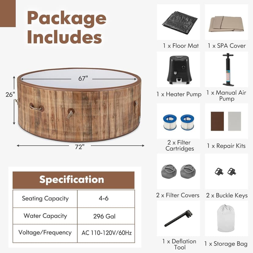 GYMAX Hot Tub, 4 to 6 Person Inflatable Portable Hot Tub with 120 Soothing Bubble Air Jets, Insulated Lockable Cover, Floor Mat & LED Touch Control, Outdoor Blow Up Spa Tub for Backyard, Patio