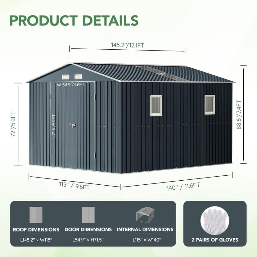 10X12X7.5 FT Outdoor Steel Storage Shed with Lockable Doors, 2 Windows, Transparent Roof Panels (Wood Panels & Frame Floor Not Included), Ideal for Patio Storage,Garbage Can, Chicken Coop