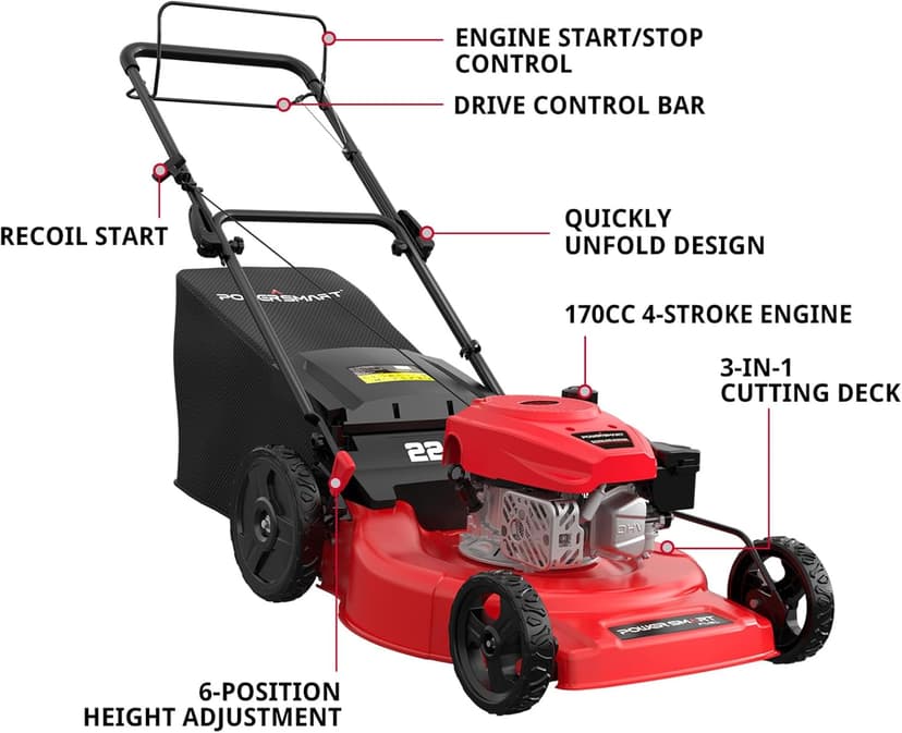 PowerSmart Self Propelled Gas Lawn Mower, 22 in. with 170cc OHV Engine, 3-in-1 Rear-Wheel-Drive High Wheels, Red