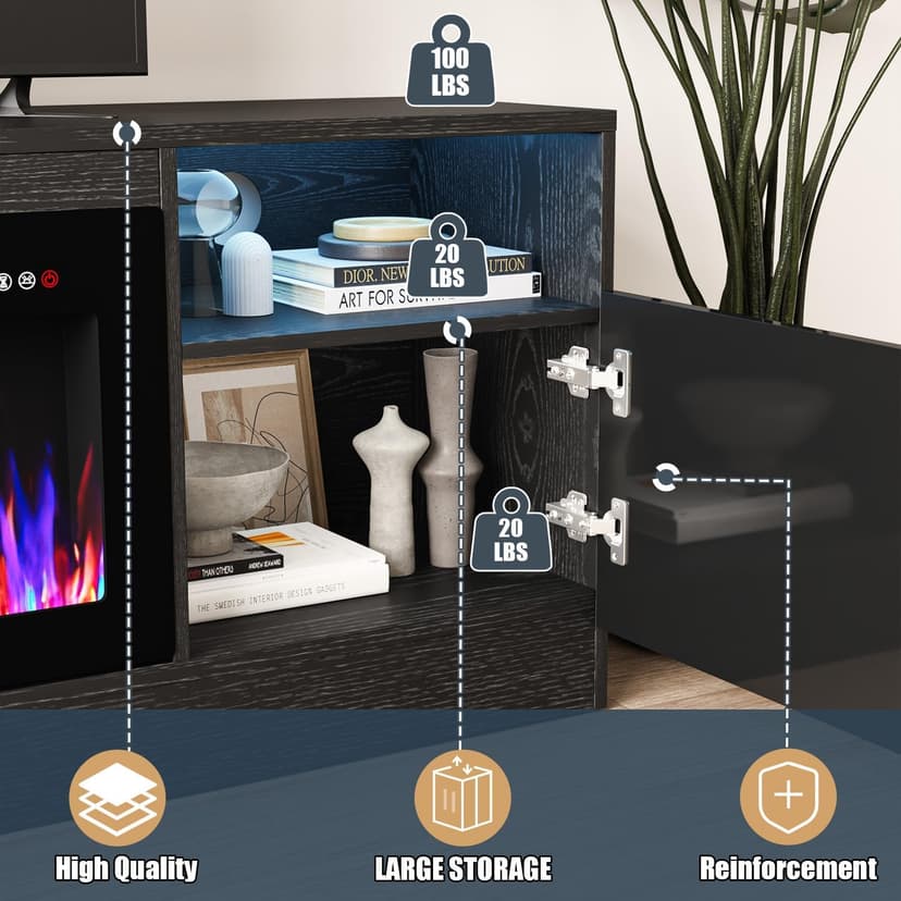 VITESSE Fireplace with TV Stand 36" inch Electric Fireplace Up to 80" TVs, LED Light Entertainment Center, 70" Modern Wood High Gloss with Highlight Storage Cabinet for Living Room (Black)