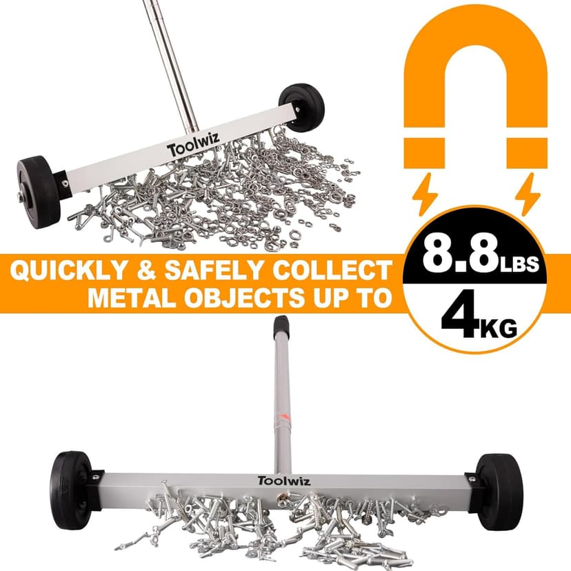 Toolwiz Magnetic Pick Up Sweeper 17-inch Heavy Duty Magnet Pickup Lawn Sweeper Roofing Tools, 8.8 Lbs Yard Tools with Telescoping Holder and Wheels to Clean Nails Adjustable Handle for Construction