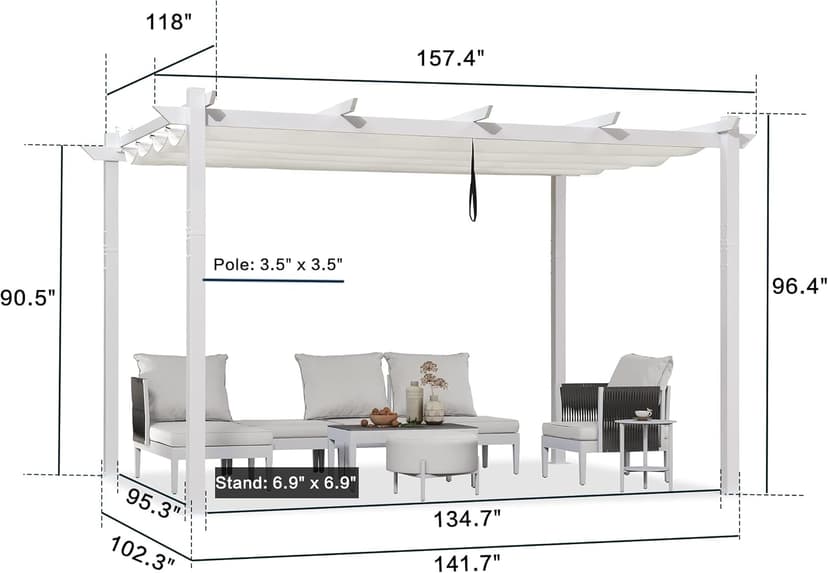 PURPLE LEAF 10' x 13' Outdoor Aluminum Pergola White Heavy-Duty Retractable Pergola Patio Metal with Double Sun Shade Canopy for Gardens Deck Backyard, White