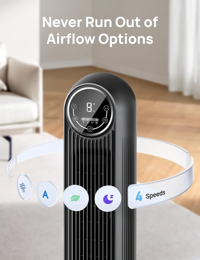 Dreo Tower Fan for Bedroom, 25ft/s Velocity 28dB Quiet Floor Fan, 90° Oscillating Fans for Indoors with 4 Speeds, 4 Modes, 8H Timer, Bladeless Standing Fan, Black, Nomad One (DR-HTF007)