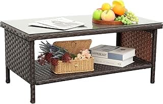Outdoor Wicker Coffee Table Patio Furniture Garden Rattan 2-Layer Glass Table with Storage and Furniture Cover, Brown