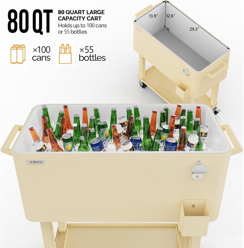 VINGLI 80 Quart Rolling Ice Chest, Portable Patio Party Bar Drink Cooler Cart, with Shelf, Beverage Pool with Bottle Opener