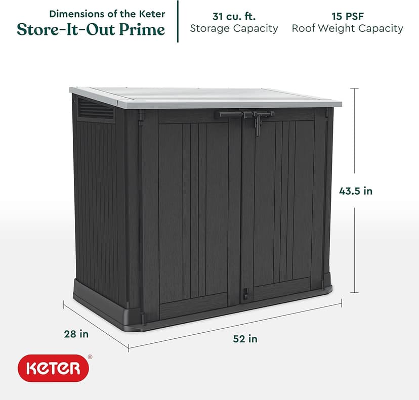 Keter Store-It-Out Prime 4.3 x 3.7 ft. Outdoor Resin Storage Shed with Easy Lift Hinges, Perfect for Yard Tools, Pool Floats and Garden Accessories, Black