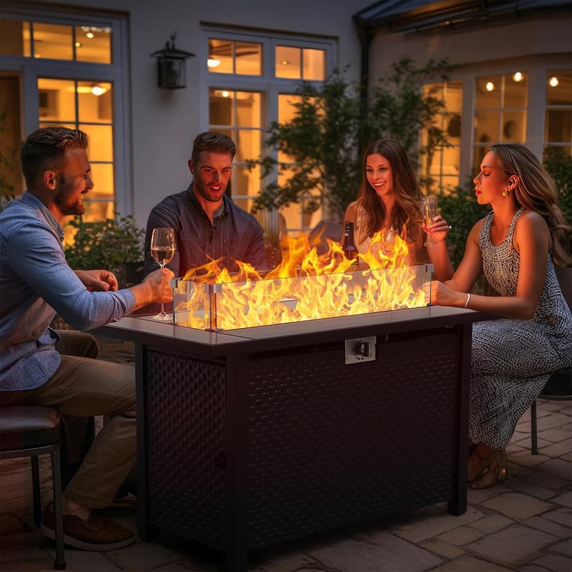 45 Inch Fire Table for Outside 60000 BTU Steel Gas Fire Pit Outdoor Fire Pit Table with Woodgrain Marble Tabletop Glass Wind Guard Cover and Blue Crystal Beads