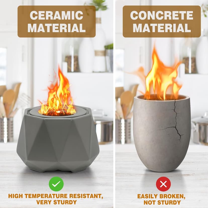 Ceramics Table Top Fire Pit Bowl, Indoor Outdoor Tabletop Fire Pits Bowl for Smores Portable Fireplace for Patio Balcony Decor Gathering, Grey
