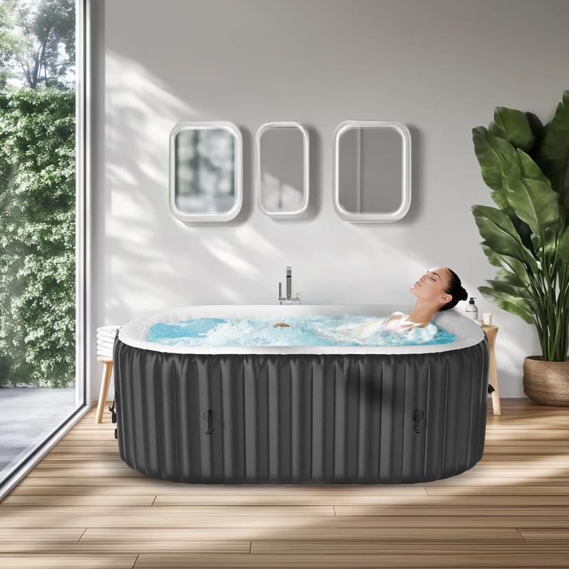 LILYPELLE 1-2 Person Inflatable Hot Tub, Portable Oval Blow Up Hot Tub with 100 Bubble Jets, Outdoor Spa Set Included Heater Pump, Filter and Side Table, 75" X 47" X 25"