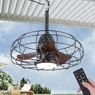 Outdoor Waterproof Ceiling Fan - 20" Caged Ceiling Fans with LED Lights, Reversible AC Motor, Low Profile Industrial Fan Light Fixture, Plug In with Hook Ceiling Fan for Outdoor Patios, Gazebo