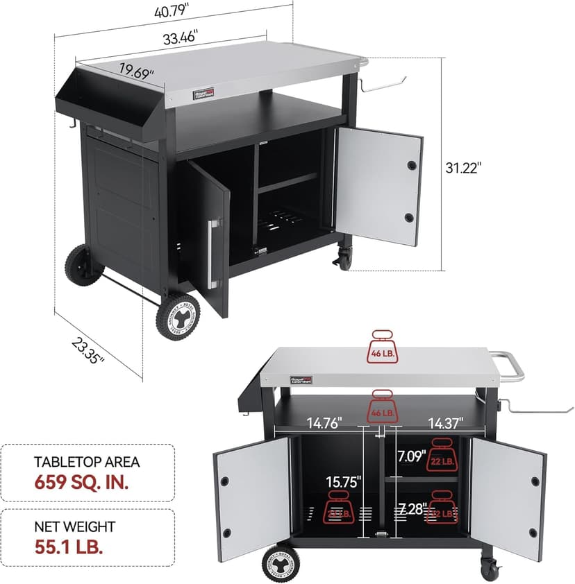 Outdoor Grill Cart with Wheels, Movable Kitchen Island with Storage Cabinet for BBQ, Stainless Steel Dining Cart Table for Food Prep, Black, PC3403S-SC
