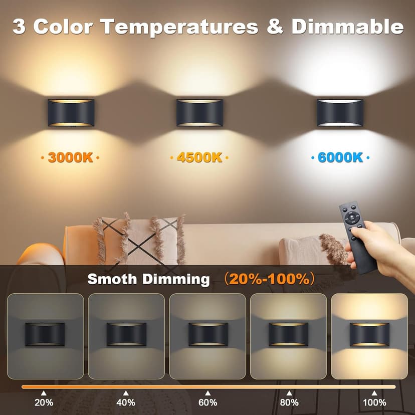 Battery Operated Wall Sconce with Remote Control,No Hardwired Wall Sconces Set of Two,3000K-6500K,Dimmable LED Wall Lamps,50W Equivalent Wall Lights for for Bedroom, Living Room, Hallway