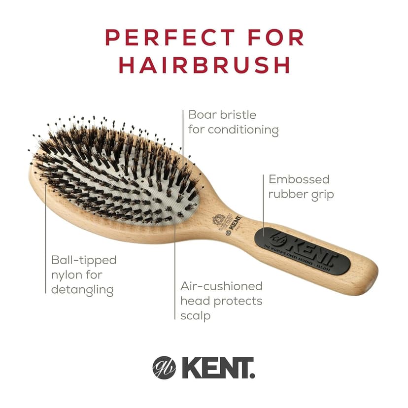 KENT PF01 Large Cushion Detangler Brush, Boar Bristle and Non-Scratch Nylon Mix Hairbrush for Straightening Smoothing. Oval Wood Paddle Detangling Hair Brush for Medium to Long Hair, Made in England