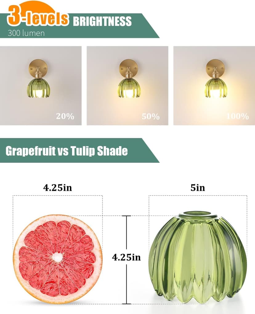 Vintage Battery Operated Wall Sconce with Green Tulip Glass Lampshade Wireless Rechargeable Battery Powered Wall Light with Remote Control for Bedside Bedroom Doorway, Set of 2